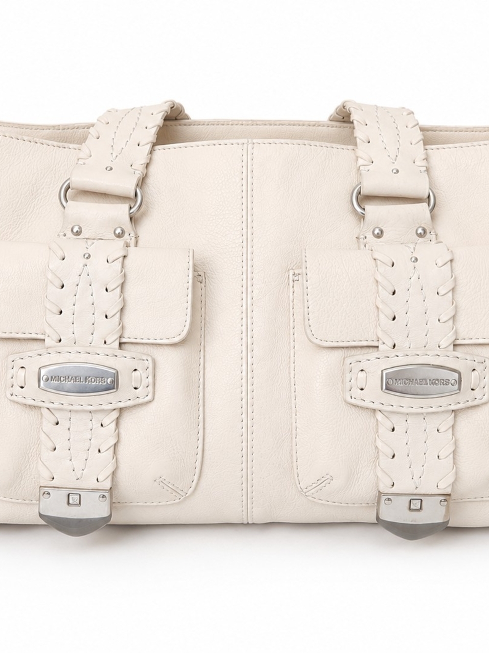 Michael Kors Cream Leather Tote/ShoulderBag with Braided Strap Silver Hardware